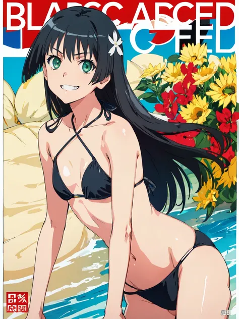 bbc cover, (High resolution:1.4), (masutepiece:1.2), (High quality:1.3) 1girl, saten ruiko, green eyes, long hair, black hair, small breast, bikini,  grin