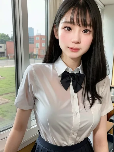 (kawaii 18 year-old Japanese girl, Nogizaka idol, Korean idol), (glossy black hair, high ponytail, bangs:1.3), (extra rounded face, single eyelid, no makeup, soft smiling:1.2), (well shaped whitened teeth:0.7), (wearing Japanese school uniforms, collared s...