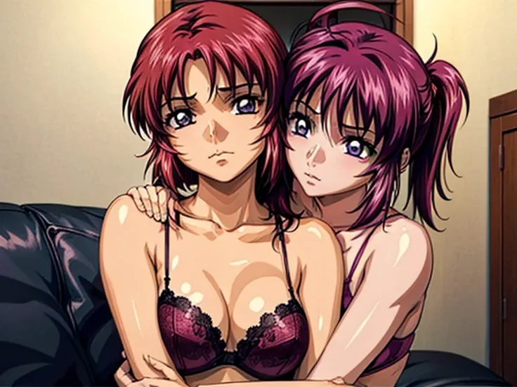 two girls in erotic embrace,Short-haired girl with ahoge, red hair, purple eyes, purple hair, frown, looking at the viewer, smile, indoor, bare arms, bare shoulders, blush, closed mouth, dutch angle, highly detailed face, perfect lighting, very detailed CG...