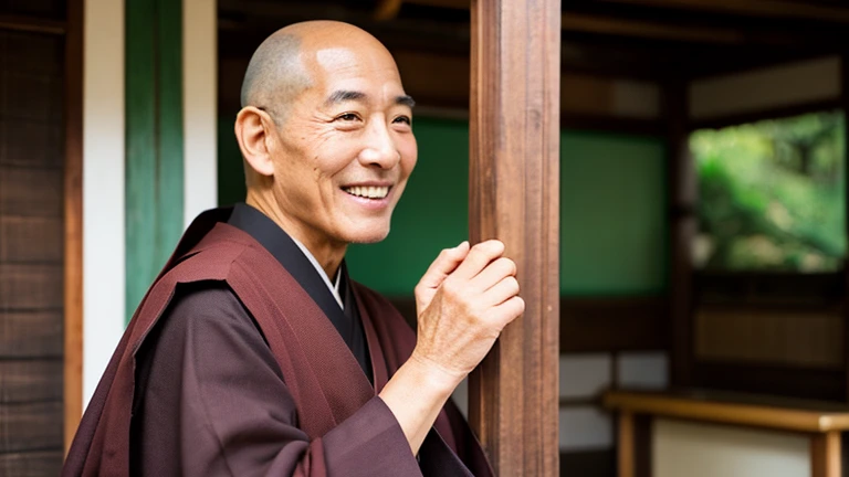 A monk in his 50s　male　skin head　real　photographic style　A kind smile　profile　Japanese