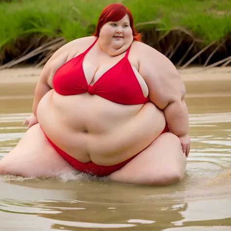 red haired beautiful woman, lying in shallow water at beach, fat, large belly, fat thighs, fat belly stuffed with lard, red bikini with a knot, flat shallow water, hair fanning out in the water, belly fat spreading to her sides, fat arms, big belly is so f...