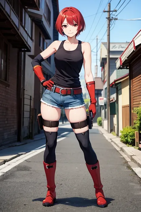 anime picture、full body portrait、Fighter、A smiling woman, about 175cm tall, about 28 years old, wearing a tank top and shorts, with short red hair and sanpaku eyes、Wearing elbow and knee protectors, gloves and boots、dungeons & dragons