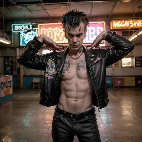 Heres your text-to-image prompt:

"Imagine Sid Vicious, the iconic punk rocker, as a 75-year-old man, gracefully roller skating in a vibrant 1980s-styled roller rink. Despite his age, he exudes an aura of rebellious energy, with his leather jacket adorned ...