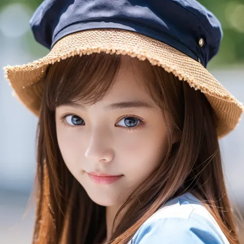 18 year old woman,sexy,,Asia,Korea,cute,high resolution,Put on a hat.,brown hair,blue eyes,