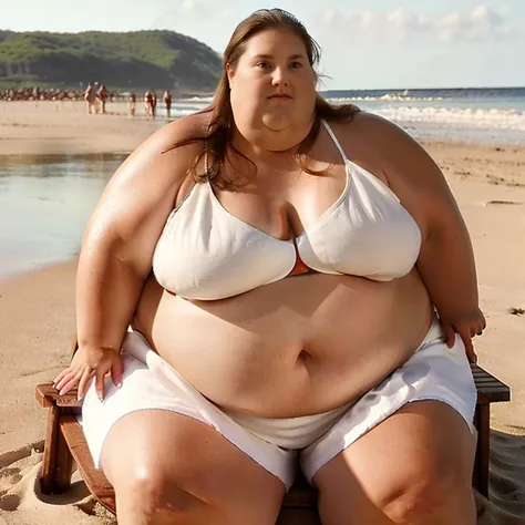 Ussbbw (tremendously fat (very very fat)), sitting on the beach, hyper realistic, wide hips (overly wide hips (biggest hips ever)), young, white, long brown hair, heavy breasts