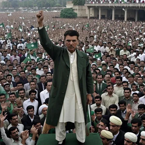 Genrate a pic of Muhammad Ali Jinnah founder of pakistan, celebration of pakistan in a crowd 