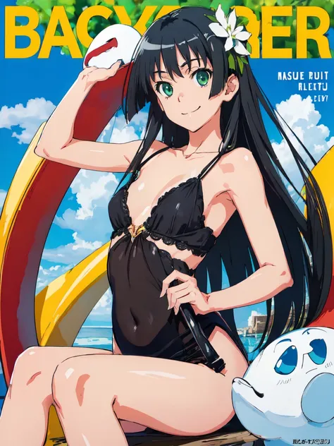 bbc cover, (High resolution:1.4), (masutepiece:1.2), (High quality:1.3) 1girl, saten ruiko, green eyes, long hair, black hair, small breast, huge smile