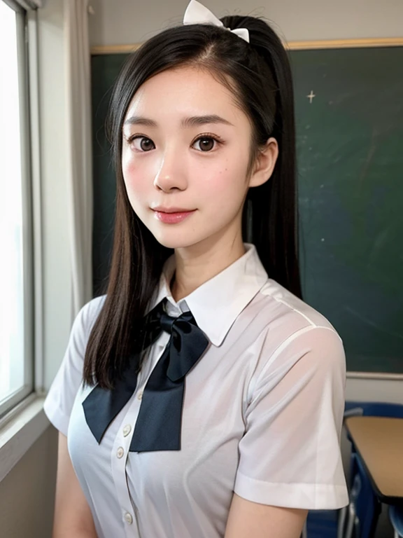 (kawaii 24 year-old Japanese girl, Nogizaka idol, Korean idol), (glossy black hair, ponytail:1.3), (extra rounded face, single eyelid, no makeup, soft smiling:1.2), (well shaped whitened teeth:0.8), (wearing Japanese school uniforms, collared shirt, school...