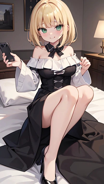 ((highest quality)), ((masterpiece)), (become familiar with), perfect face,blonde,medium hair,grated bangs,eyes without highlights,Desaturated, dark green eyes,Drooping eyes,grinning,look down,tall,big breasts,Rubbing your chest with selfie,off shoulder kn...