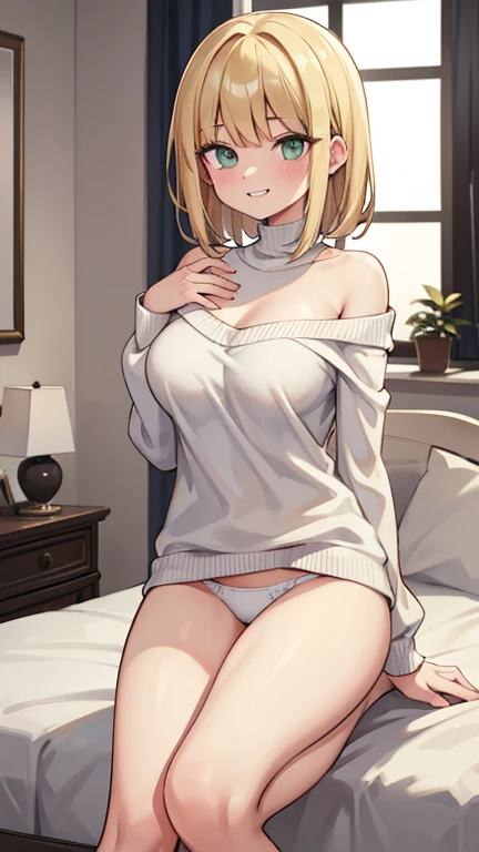 ((highest quality)), ((masterpiece)), (become familiar with), perfect face,blonde,medium hair,grated bangs,eyes without highlights,Desaturated, dark green eyes,Drooping eyes,grinning,look down,tall,big breasts,Rubbing your chest with selfie,off shoulder kn...