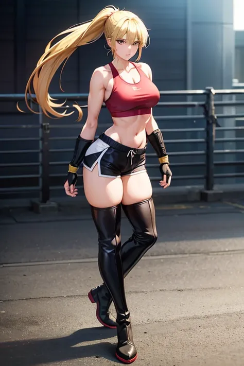 anime picture、full body portrait、Kickboxer standing upright、A woman around 180cm tall, around 37 years old, wearing a tank top and shorts, with a blonde ponytail and no facial expression.、Wearing elbow protectors, gloves and thigh-high boots