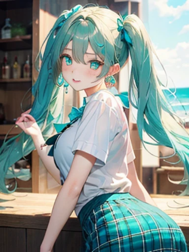 sandy beach、Asahi、big butt、 (alone:1.5,)Super detailed,bright colors, very beautiful detailed anime face and eyes, look straight, ;shiny_skin,girl, ((White long hair,Inner color is red ）、forehead is exposed.、、shiny hair, delicate beautiful face, blush、(tur...