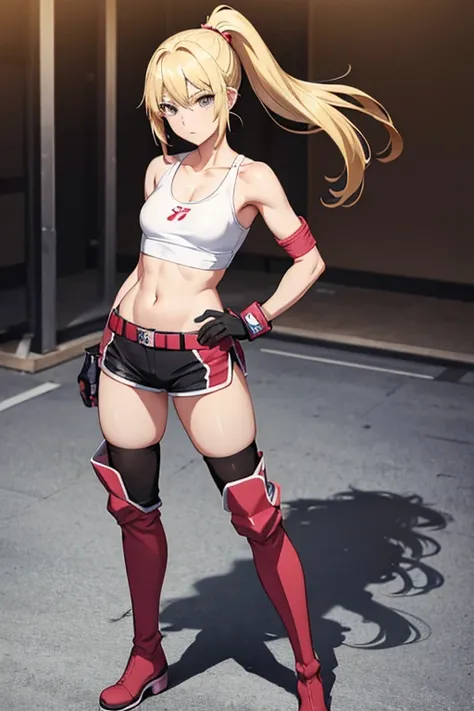 anime picture、full body portrait、Mixed martial artist standing upright、A woman around 180cm tall, around 37 years old, wearing a tank top and shorts, with a blonde ponytail and no facial expression.、flat chest、Wearing elbow protectors, gloves and thigh-hig...