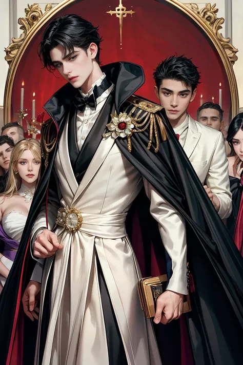 
masterpiece, 最high quality, high quality, 1 boy, alone, male focus, looking at the viewer, whole body, Winning spirit_destiny, messy black hair, blue adorable big eyes, white people, Noble, Noble, Noble的な吸血鬼、An elegant tuxedo,A very large, very tall stand...