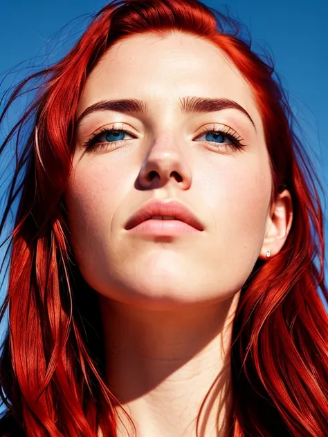 red-haired face, looking up, front, nose up up, face serious, looking up, long hair,