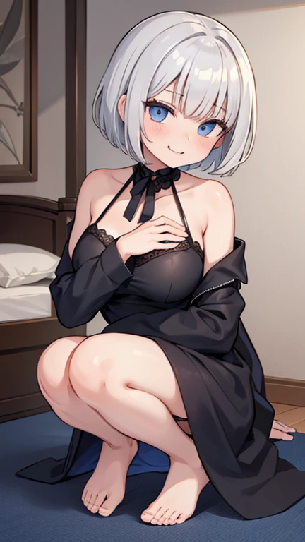 ((highest quality)), ((masterpiece)), (become familiar with), perfect face,silver hair,short hair,grated bangs,eyes without highlights,Desaturated, dark blue eyes,Drooping eyes,grinning,look down,tall,big breasts,Rubbing your chest with selfie,off shoulder...