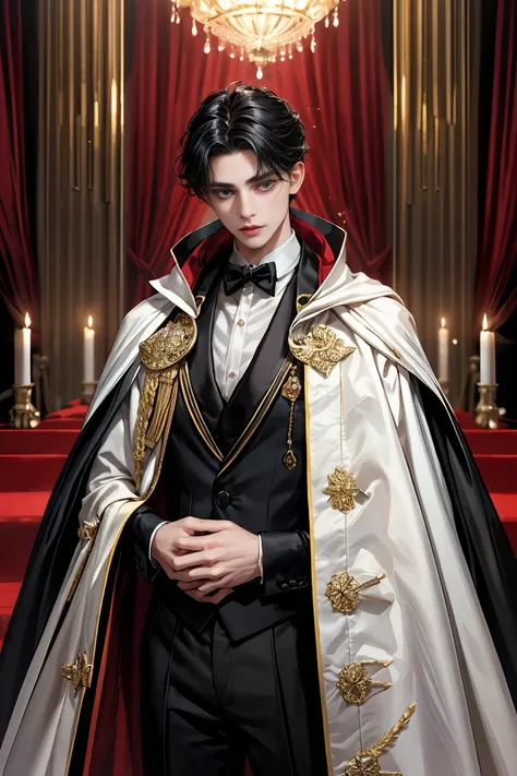 
masterpiece, 最high quality, high quality, 1 boy, alone, male focus, looking at the viewer, whole body, Winning spirit_destiny, messy black hair, blue adorable big eyes, white people, Noble, Noble, Noble的な吸血鬼、An elegant tuxedo,A very large, very tall stand...