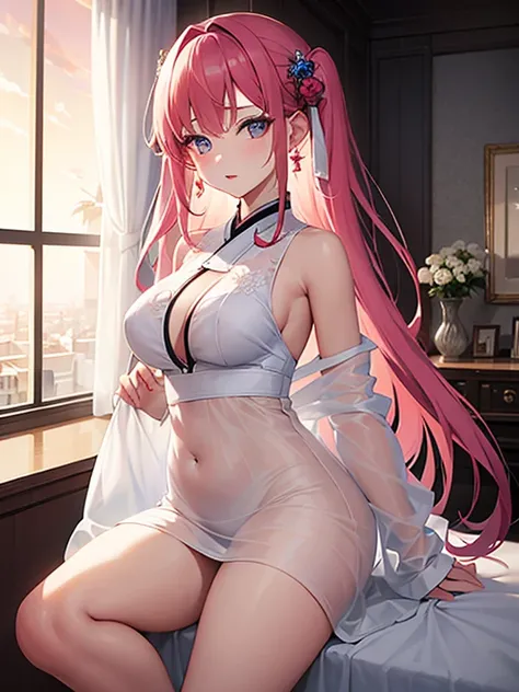 Modern fashionable shirt with transparent Hanfu，ultra - detailed, She has long pink curly hair，20 year old girl，Light eyes，She has earrings,  she has plump lips, Faraway view, Faraway view，Raised sexy，arch downward，((sheer transparent clothes)),((There is ...