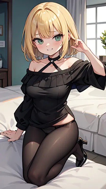 ((highest quality)), ((masterpiece)), (become familiar with), perfect face,blonde,medium hair,grated bangs,eyes without highlights,Desaturated, dark green eyes,Drooping eyes,grinning,look down,black choker,tall,big breasts,Rubbing your chest with selfie,of...