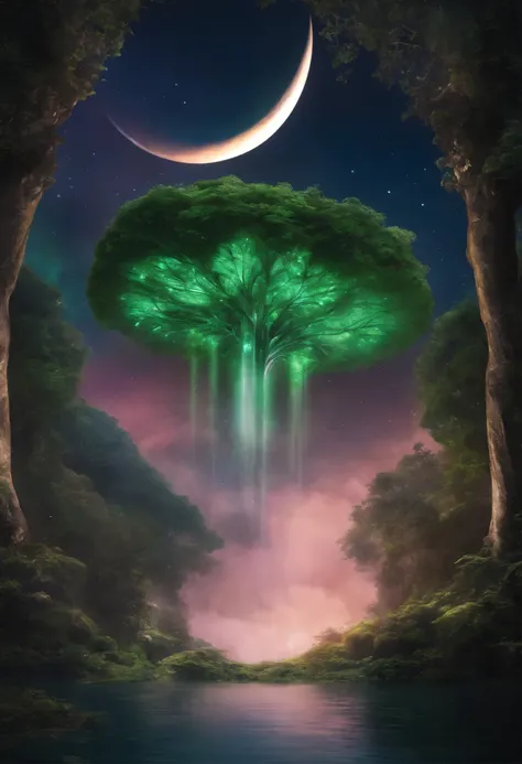 Imagine a world where emerald green forests stretch on forever., towering tree々teeth、Decorated with bioluminescent leaves that give off a soft glow。, Otherworldly brilliance. far away, A huge waterfall cascading down from a floating island, Crystal clear w...