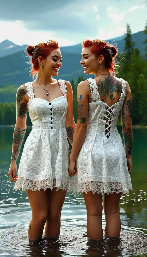 Most Beautiful attractive twins  with Tattoos  surrounding their mini skeeveless lace  outfit dress,  full of paint , smilling,  buttons,  sunshine, raining palettes , flowing lake knots, free style , reflections , shadows, photorealistic wind  gust, perfe...