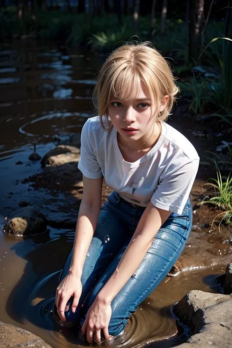 (highest quality,High resolution,masterpiece, overhead view:1.20),super detailed,female,jeans,wet shirt、in a swamp,Are standing:1.2, Mud stains、,dead animal floating in the mud、fetish, , (at the bottom of the mud:1.3),fetish ecstasy:1.2,Rough texture,heavy...