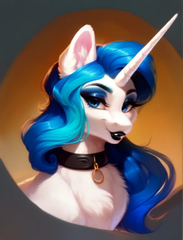 rating_safe, score_9, feral pony, white unicorn female with two-toned dark blue and light blue hair, dark blue eyes, dark blue eyeshadow, choker, sassy, eyelashes, bust, looking at you, dark blue lipstick