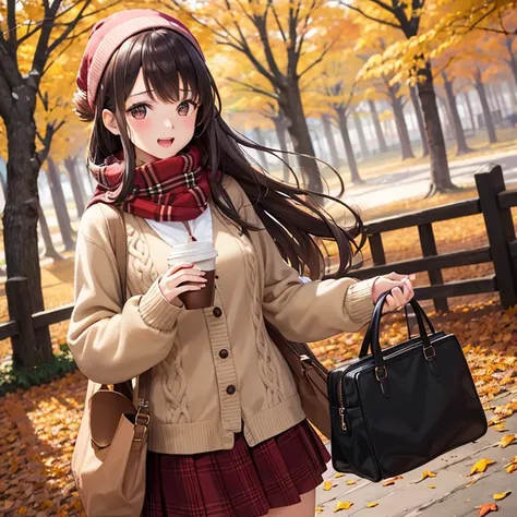 1 girl, autumn leaves, Bangs, black headdress, blurred background, blush, brown eyes, brown hair, brown scarf, brown skirt, cardigan, coffee, Cowboy shooting, cup, disposable cup, drink, fallen leaves, Wool cap, Keep, Keep drink, leaf, long hair, long slee...