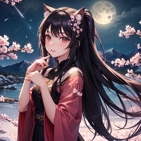 masterpiece, best quality, night, Mountain, full moon, long black hair, Miss, firefly, Star, Mysterious cherry blossom tree, pink leaves, high quality, nice graphics, high detail