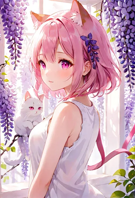 1 girl, alone, Cute girl with pink hair, pink eyes, Wisteria flower background, soft natural light, cat ears, sleeveless white shirt