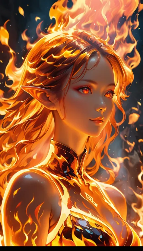 ((half body portrait of a fire elf)), red flowing hair, shiny red eyes,( medium length pointy ears),orange fire around, flaming ...