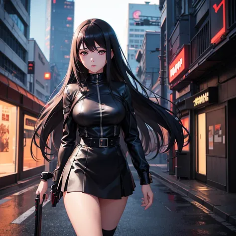 Anime girl wearing leather skirt and black lingerie standing on city street, Long-haired Ilya Kuvshinov, Guviz style artwork, anime art wallpaper 8k, Guvitz at Pisif Art Station, Guwiz on Pisiv Art Site, cyberpunk anime art