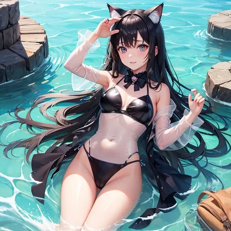 1 girl, Cat ear,in the water，wet，transparent clothes