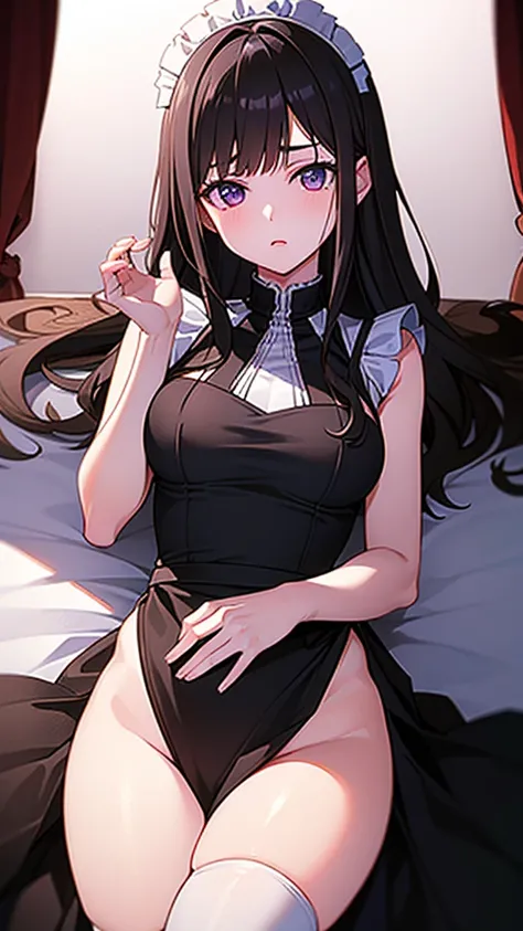 masterpiece, best quality, 1 solo girl, black hair, violet eyes, long hair, medium breasts, sexy body and face, wavy hair, sleeveless maid outfit, floral headdress, black thigh-high, maid skirt, night sky, cowboy shots, detailed body, face, and eyes, sharp...