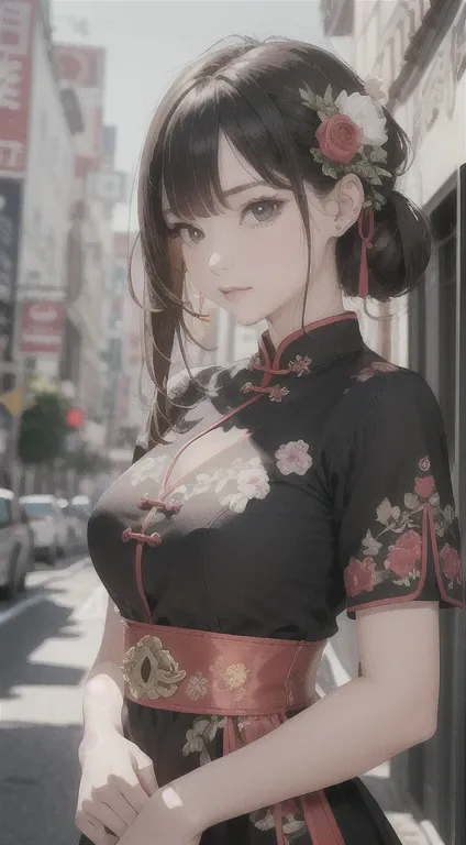 (Painting style close-up, Ultra HD 8K, Masterpiece CG wallpaper), Movie-grade lighting, cute girl, Exquisite and beautiful face, dreamy eyes, Gorgeous cheongsam, Standing on a busy Chinese city street, Subtle posture, Fashion Illustration.