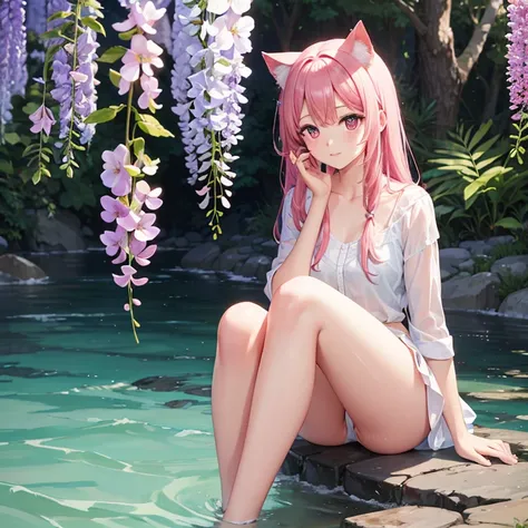 1 girl, alone, Cute girl with pink hair, pink eyes, Wisteria flower background, soft natural light, cat ears, in the water，wet，transparent clothes