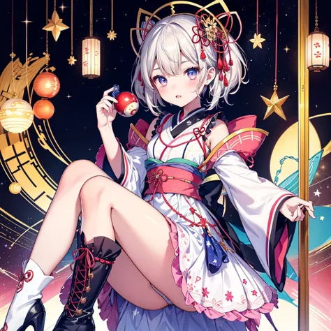 1girl、vtuber-fullbody、Star Fairy、masterpiece、official art、Super detailed、super beautiful、かわいいStar Fairy、white straight short hair、Milky Way、universe、star charm、star、baby face、Knee-high boots、Japanese pattern dress、A beautiful girl wearing black and white c...