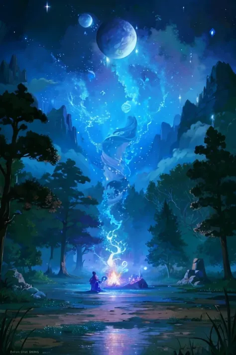 a close up of a painting of a person sitting on a bench in a forest, concept art magical highlight, magical concept art, mystical scene, magical background, magical environment, magic portal in the sky, fractal thunder dan mumford, magical forest backround...