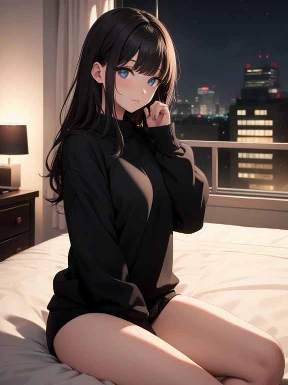 best quality, on the table, beautiful nature、pretty face、strong willed woman、female office worker、(Black sweatshirt top and bottom:1.5)、(brown hair、Asymmetrical bangs、He combed his bangs)、long hair、Eye size is too small、(((sitting on bed:1.5)))、(City night...