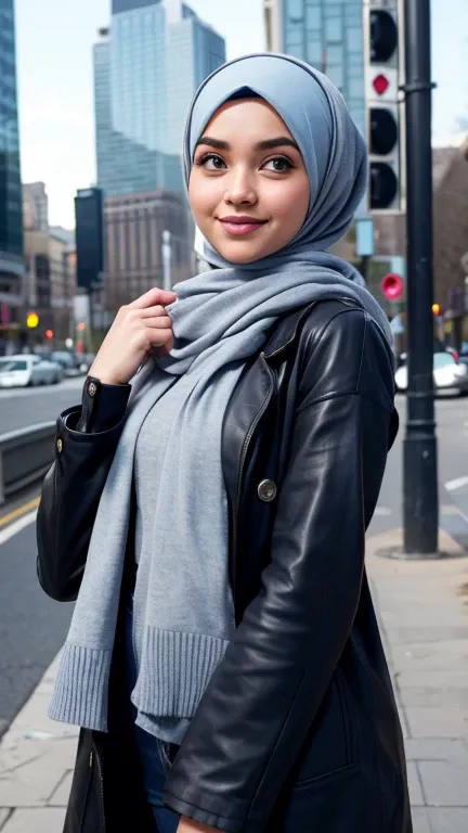  cute face woman standing near city. Wearing hijab