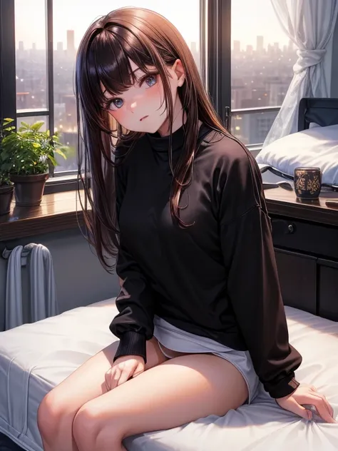 best quality, on the table, beautiful nature、pretty face、strong willed woman、female office worker、(Black sweatshirt top and bottom:1.5)、(brown hair、Asymmetrical bangs、He combed his bangs)、long hair、Eye size is too small、(((sitting on bed:1.5)))、(City night...