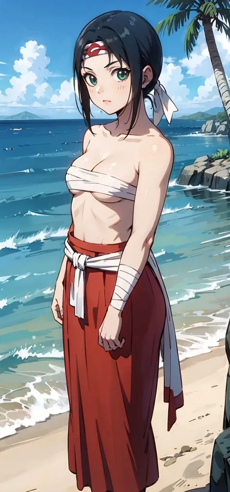 masterpiece, highest quality,
1 girl,black hair, ponytail, green eyes,  head band, topless、Sarashi、Chest sarashi、bandage、loincloth、
Are standing, alone, looking at the viewer, Ocean, sand, blue sky, Tropical island background    