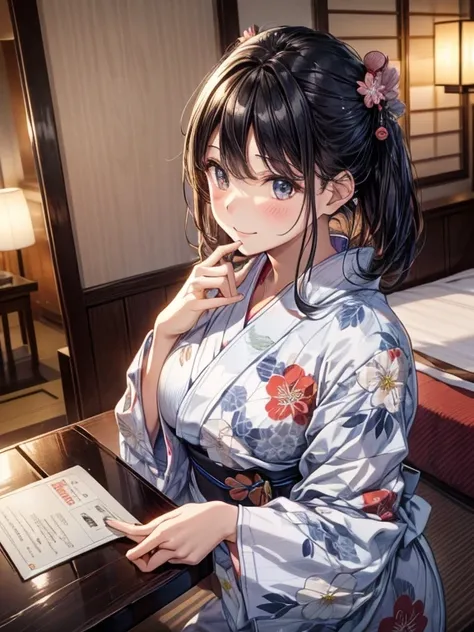 best quality、limbs intact、Full finger、1 beautiful woman、Beautiful plump woman:1.3、Brunette woman、Straight-haired woman、((woman wearing yukata in hotel:1.5))、Japanese-style rooms at the hotel、futon、Smile