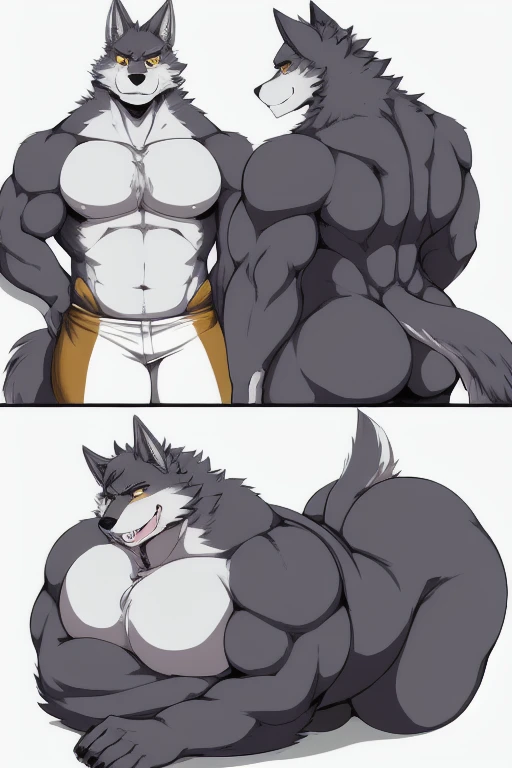 Furry, anthropomorphic wolf, dark gray fur, amber eyes, 70 and 500 lbs, 63" chest, 33" shoulders, 23" Biceps, 53" waist, 38" thighs, 28" calves, 33" back, dominant look on face