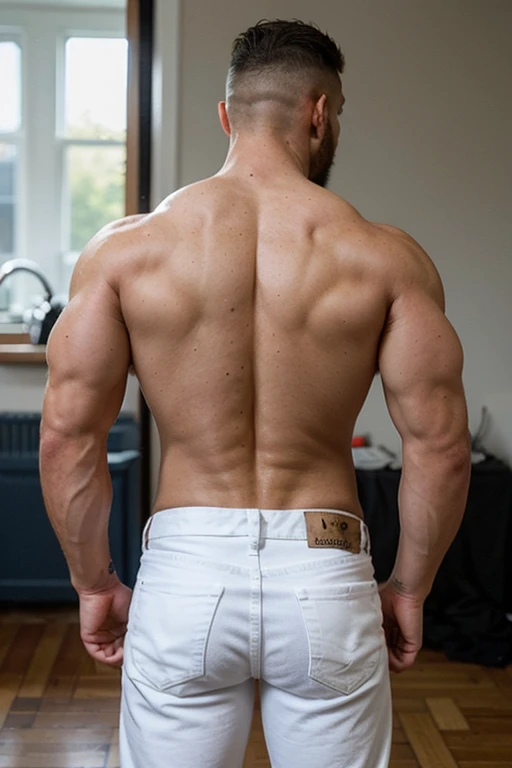 muscular manly man  bald with beard, 45 years old, full body,  with his back turned, naked blue white jeans. 