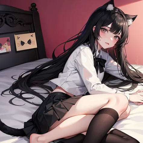 1 girl，jk，pleated skirt，long black hair，Cat ear，youth，bedroom background，lying on bed，Chu Chu pitiful expression