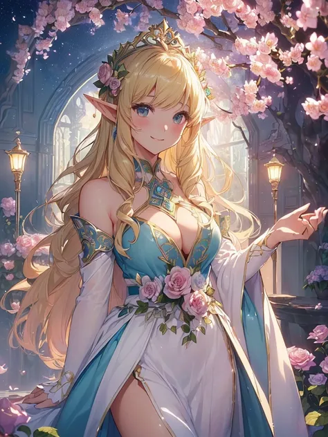 highest quality、Highest image quality、masterpiece、beautiful profile、、Titania、Super beautiful elf beauty((22 years old OL big bust、bust 90,beautiful long ironed hair、blonde、Height: 165cm。slender、sexy、Esbian、beautiful tiara、night、High quality、美しいart、Beautifu...