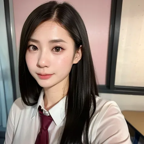 (kawaii 24 year-old Japanese girl, Nogizaka idol, Korean idol), (glossy black hair, seductive hair style:1.3), (extra rounded face, single eyelid, no makeup, soft smiling:1.2), (wearing Japanese school uniforms, collared shirt, necktie:1.3), (well shaped e...