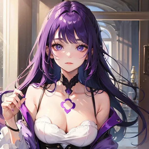 best quality, high quality, a cute girl, alone, Beautiful purple hair, beautiful purple eyes, faint smile,