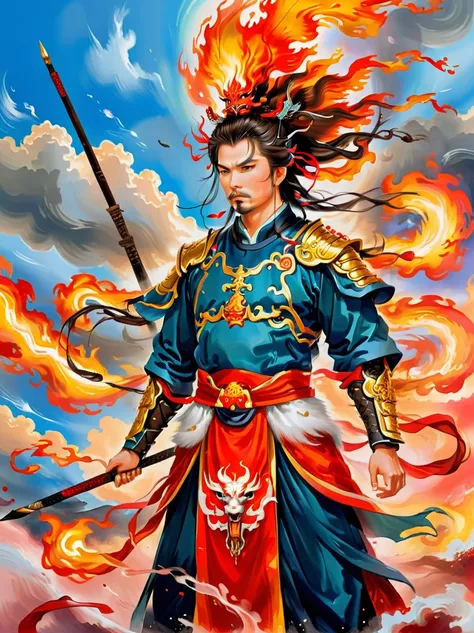 1 boy，Blood stained all over his face，anger，holding a spear，（fly），Chinese mythology，cloudy day，Meticulous skies，Abstract background，（Flame Surge Style：0.5），demonic third eye，hair scrunchie，with ponytail，wearing armor，Strong body，tall and big，Spear in hand，...